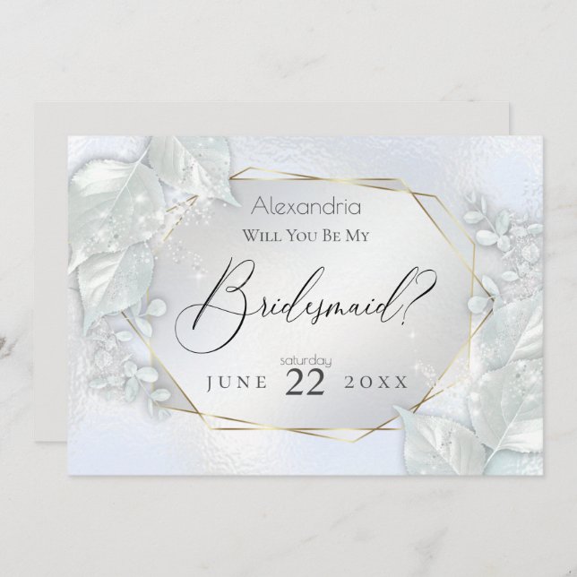 Icy Blue Shimmery Will You Be My Bridesmaid Invitation (Front/Back)