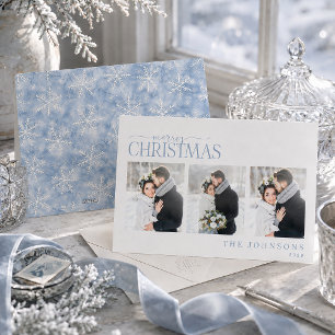 Icy Blue Snowflake Winter Christmas 3 Photo Holiday Card