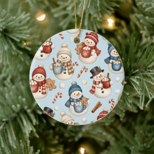 Icy Blue Snowman Hot Cocoa Watercolor Christmas Ceramic Tree Decoration
