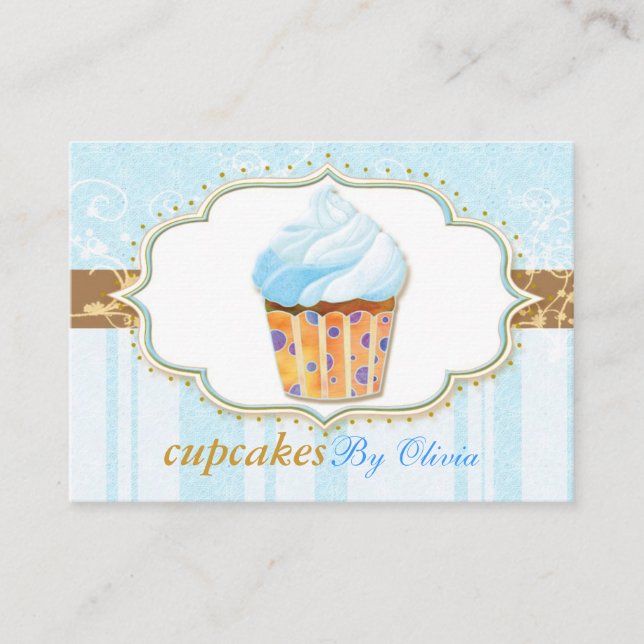 Icy Blue Stripes Bakery Cupcake Business Card (Front)