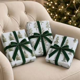 Icy Blue Watercolor Christmas Pine Trees Wrapping Paper Sheet