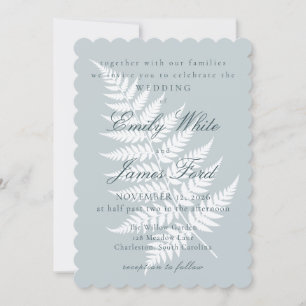 Icy Blue White Fern 5x7 Scalloped Wedding Invitation