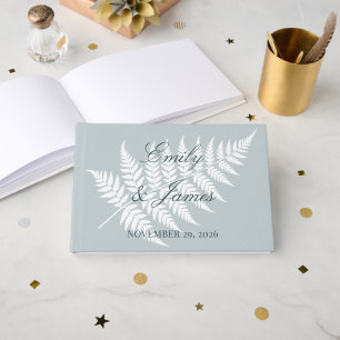 Icy Blue White Fern Couple Names Wedding Guest Book