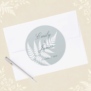 Icy Blue White Fern Elegant Wedding Classic Round Sticker