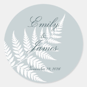 Icy Blue White Fern Minimalist Botanical Wedding Classic Round Sticker