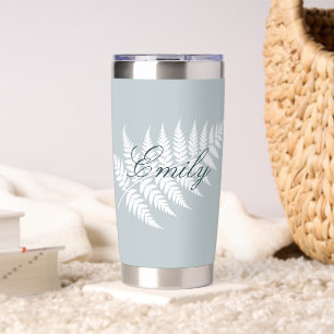 Icy Blue White Fern Personalised Name Silver Insulated Tumbler