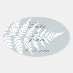 Icy Blue White Fern Refined Woodland Wedding Oval Sticker