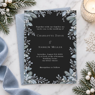 Icy Blue Winter Botanical Black Wedding Invitation