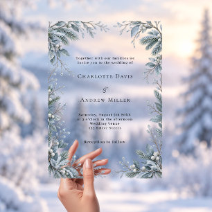 Icy Blue Winter Botanical clear luxury wedding Acrylic Invitations