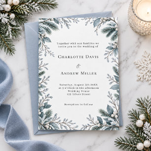 Icy Blue Winter Botanical Wedding Invitation