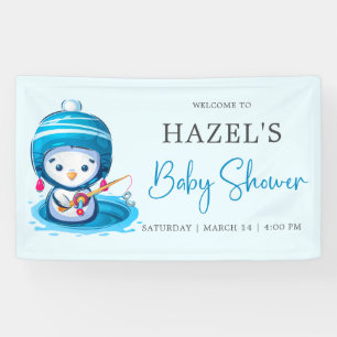 Icy Blue Winter Penguin Fishing Baby Shower Banner