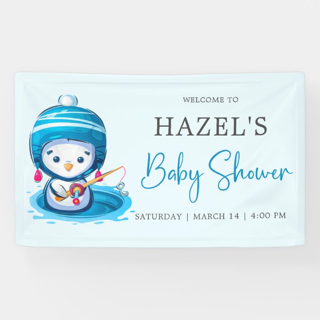 Icy Blue Winter Penguin Fishing Baby Shower  Banner (Horizontal)
