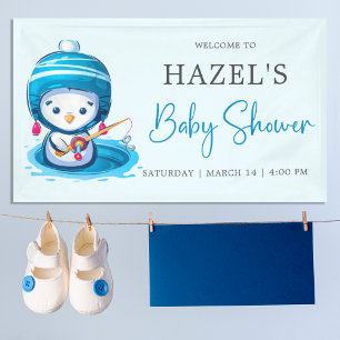 Icy Blue Winter Penguin Fishing Baby Shower Banner