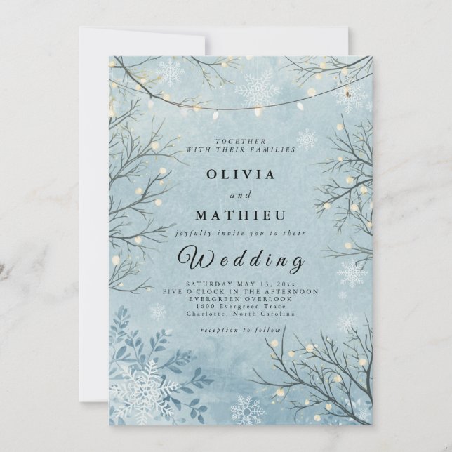 Icy Blue Winter Twig Floral Wedding Invitation (Front)