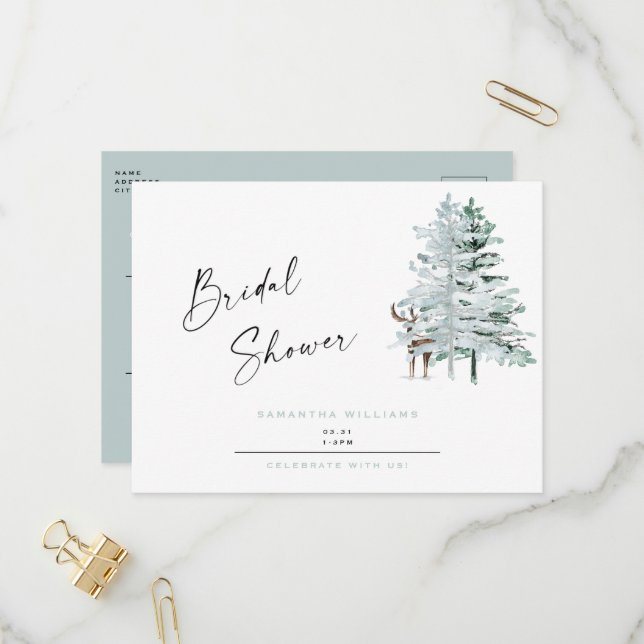 Icy blue Woodland Deer Winter Bridal Shower Invitation Postcard (Front/Back In Situ)