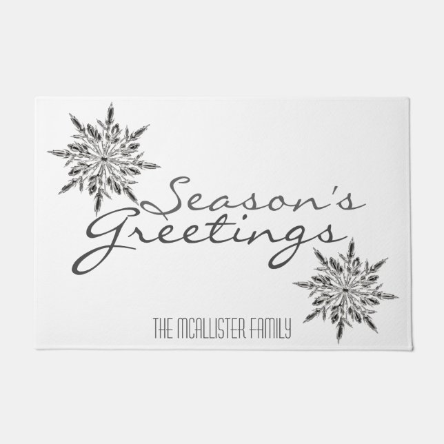 Icy Crystal Snowflakes Season's Greetings Custom Doormat (Front)