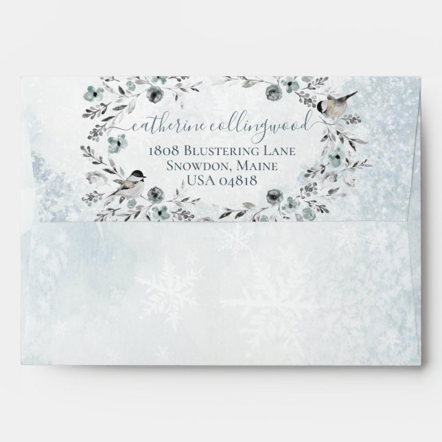 Icy Dusty Blue Snowy Winter Greenery Wreath Envelope (Back (Top Flap))