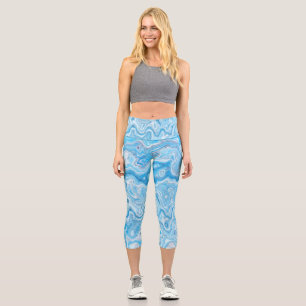 Icy Glacier Blue Marble Texture Abstract Liquid Capri Leggings