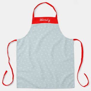 Icy Light Blue White Snowflakes Name on Bright Red Apron