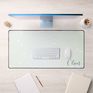 Icy Pale Green Ethereal Bokeh Galaxy and Teal Name Desk Mat