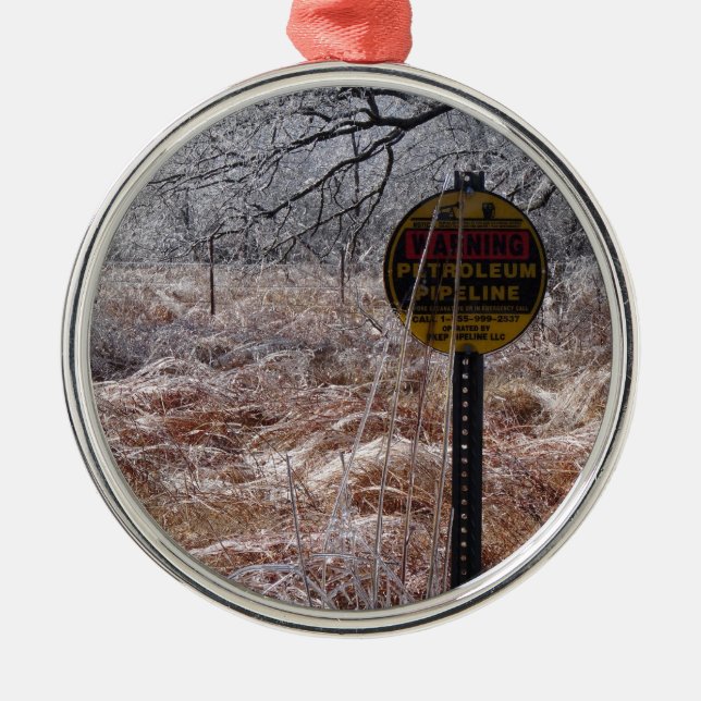 Icy Petroleum Pipeline Warning Metal Tree Decoration (Front)