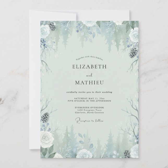 Icy Pinecone Winter Eucalyptus Wedding Invitation (Front)