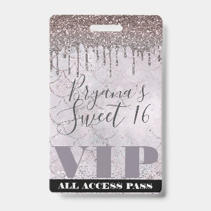 Icy Pink Glitter Drip Mermaid Sweet 16 VIP Pass ID Badge