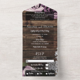 Icy Pink Mauve Roses Lace Rustic Wood Wedding All In One Invitation