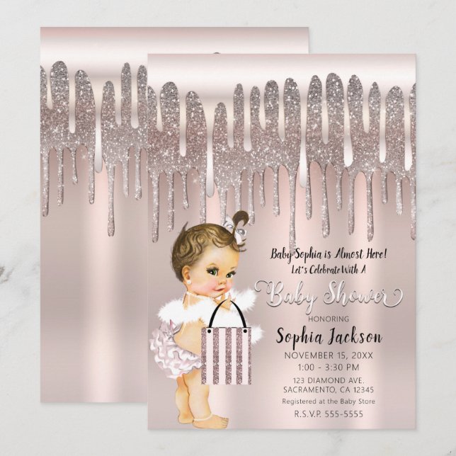 Icy Pink Rose Diamond Glitter Drip Baby Shower Invitation (Front/Back)
