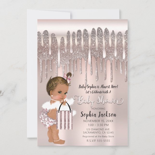 Icy Pink Rose Diamond Glitter Drip Brown Baby Invitation (Front)