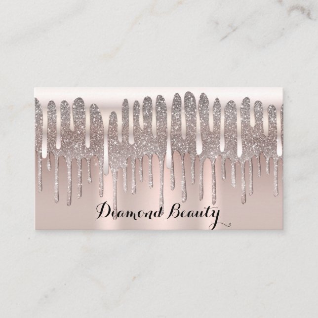 Icy Pink Rose Gold Diamond Glitter Drip Beauty Business Card (Front)