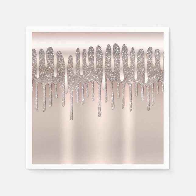 Icy Pink Rose Gold Diamond Glitter Drip Sweet 16 Napkin (Front)