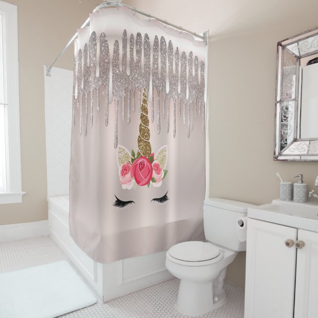 Icy Pink Rose Gold Diamond Glitter Drip Unicorn Shower Curtain (In Situ)