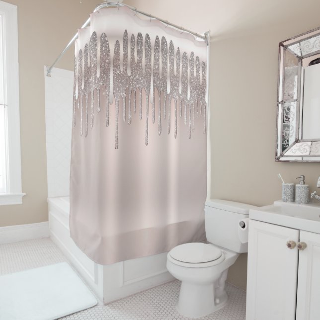 Icy Pink Rose Gold Diamond Glitter Sparkle Drip Shower Curtain (In Situ)