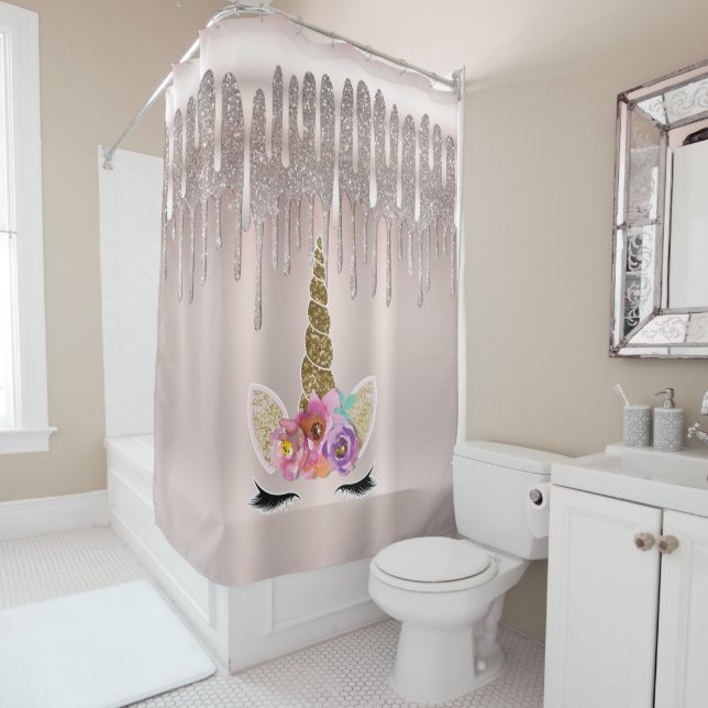Icy Pink Rose Gold Glitter Drip Floral Unicorn Shower Curtain (In Situ)