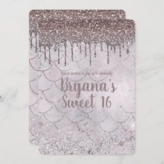 Icy Pink Rose Gold Glitter Drip Mermaid Sweet 16 Invitation (Front/Back)