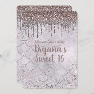 Icy Pink Rose Gold Glitter Drip Mermaid Sweet 16 Invitation