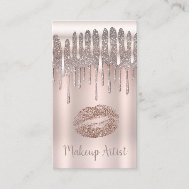 Icy Pink Rose Gold Lips Kiss Diamond Glitter Drip Business Card (Front)