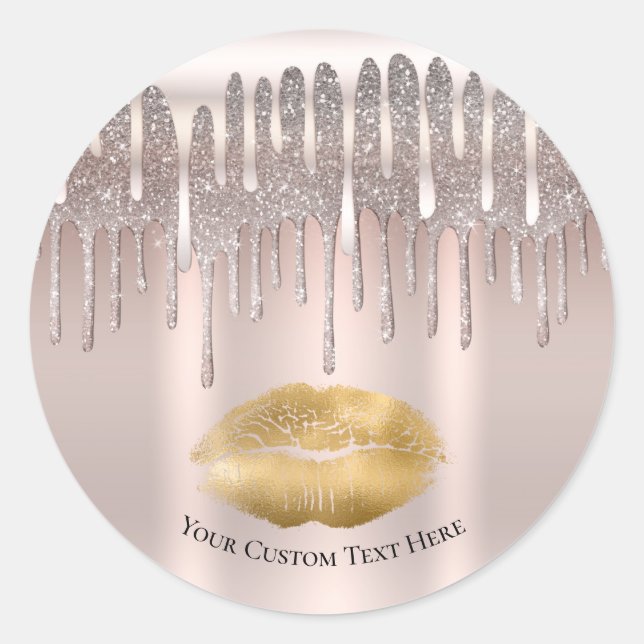 Icy Pink Rose Gold Lips Kiss Diamond Glitter Drip Classic Round Sticker (Front)
