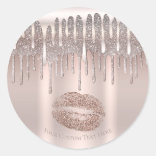 Icy Pink Rose Gold Lips Kiss Diamond Glitter Drip Classic Round Sticker