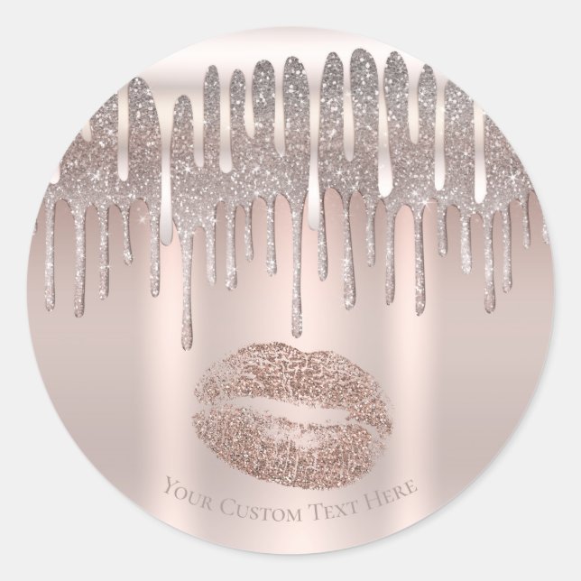 Icy Pink Rose Gold Lips Kiss Diamond Glitter Drip Classic Round Sticker (Front)