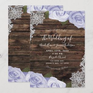 Icy Purple Floral Roses Rustic Wood & Lace Wedding Invitation