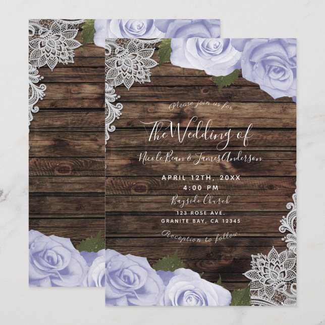 Icy Purple Floral Roses Rustic Wood & Lace Wedding Invitation (Front/Back)