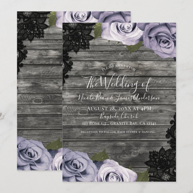 Icy Purple Roses Rustic Wood Black Lace Wedding Invitation (Front/Back)