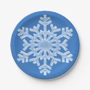 Icy White Frozen Snowflake Frosty Blue Christmas Paper Plate