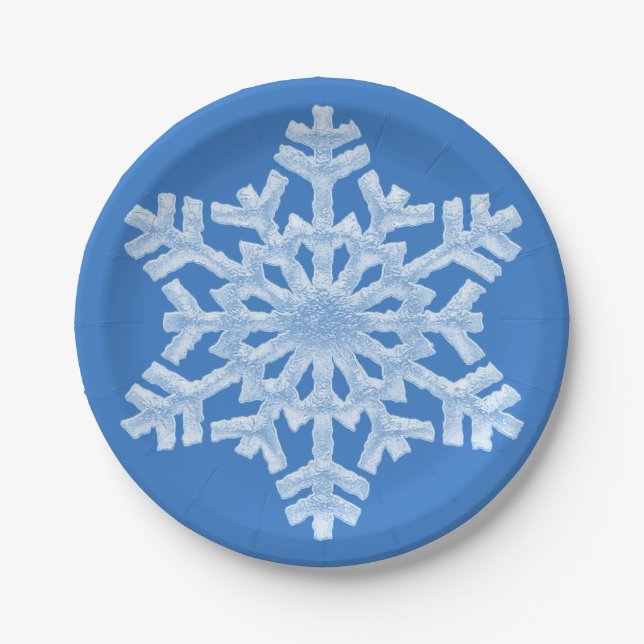 Icy White Frozen Snowflake Frosty Blue Christmas Paper Plate (Front)