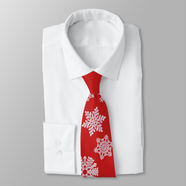 Icy White Snowflake on Cosy Warm Red Christmas Tie (Tied)