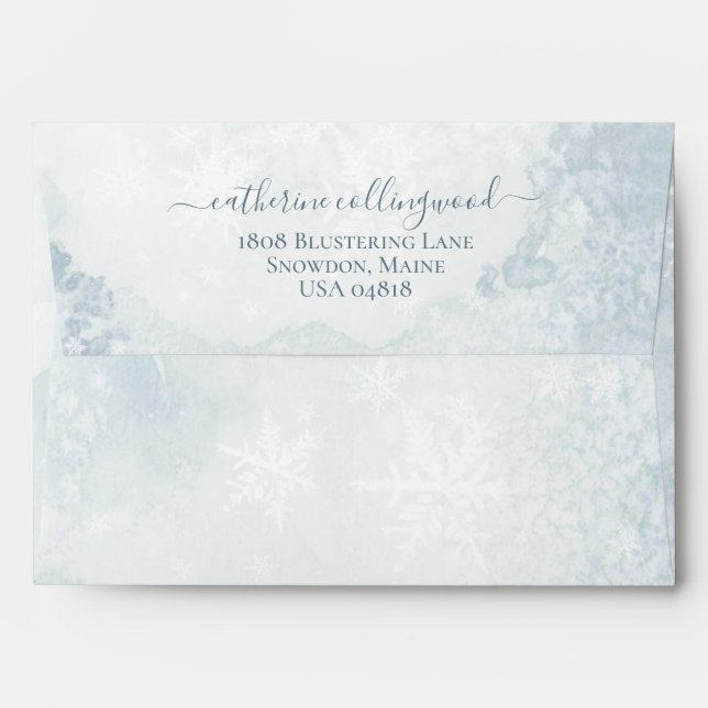 Icy Winter Dusty Blue Snowflake Script Calligraphy Envelope (Back (Top Flap))