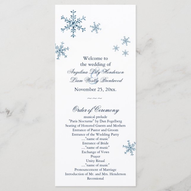 Icy Winter Snowflake Small Wedding Program Programme (Front)