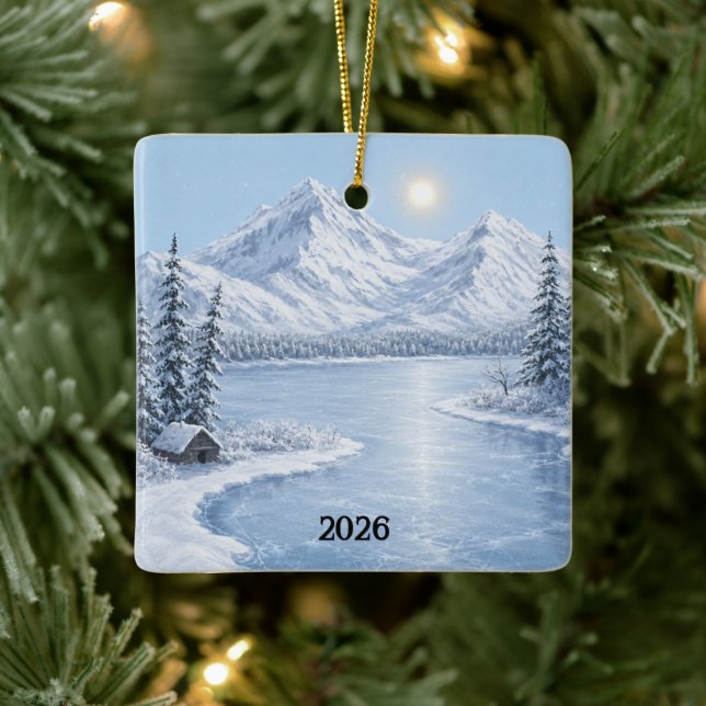 Icy Winter Square Ceramic Ornament (Tree)